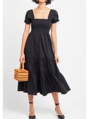 OPT Midi Maxi Dress Black Poplin Tiered Short Puff Sleeve size M